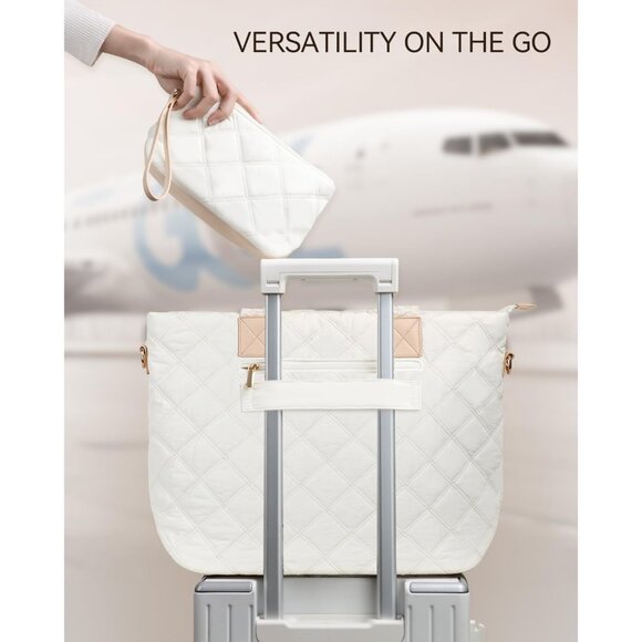 Prite Women Beige Polyester Compartment Quilted Puffer Shoulder Tote Work Bag - Picture 6 of 7